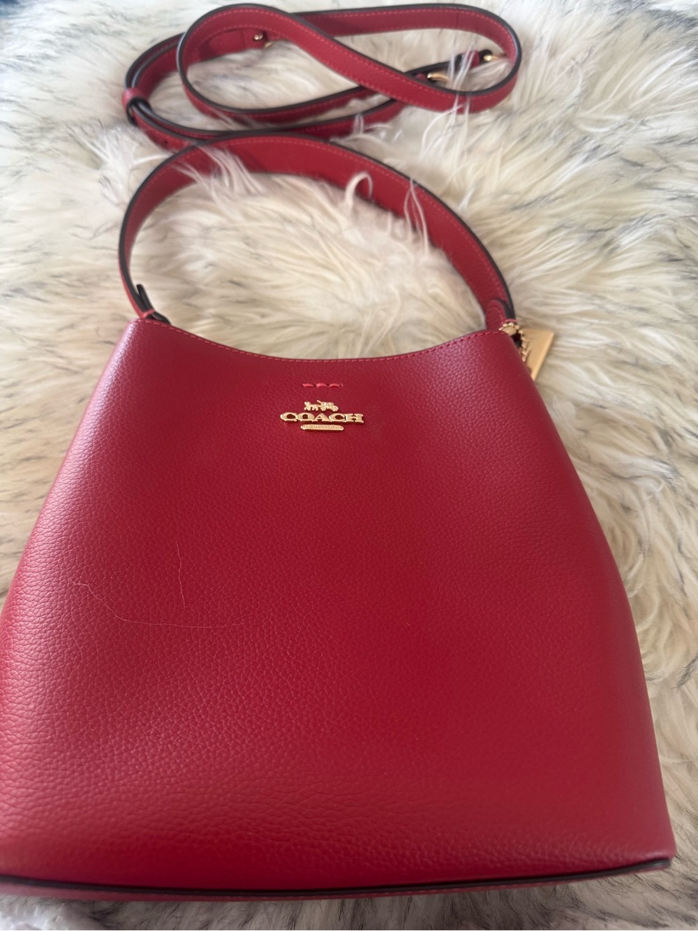 Coach Red Pebbled Leather Shoulder Bucket Bag with Gold Tone Logo - Picture 2 of 9